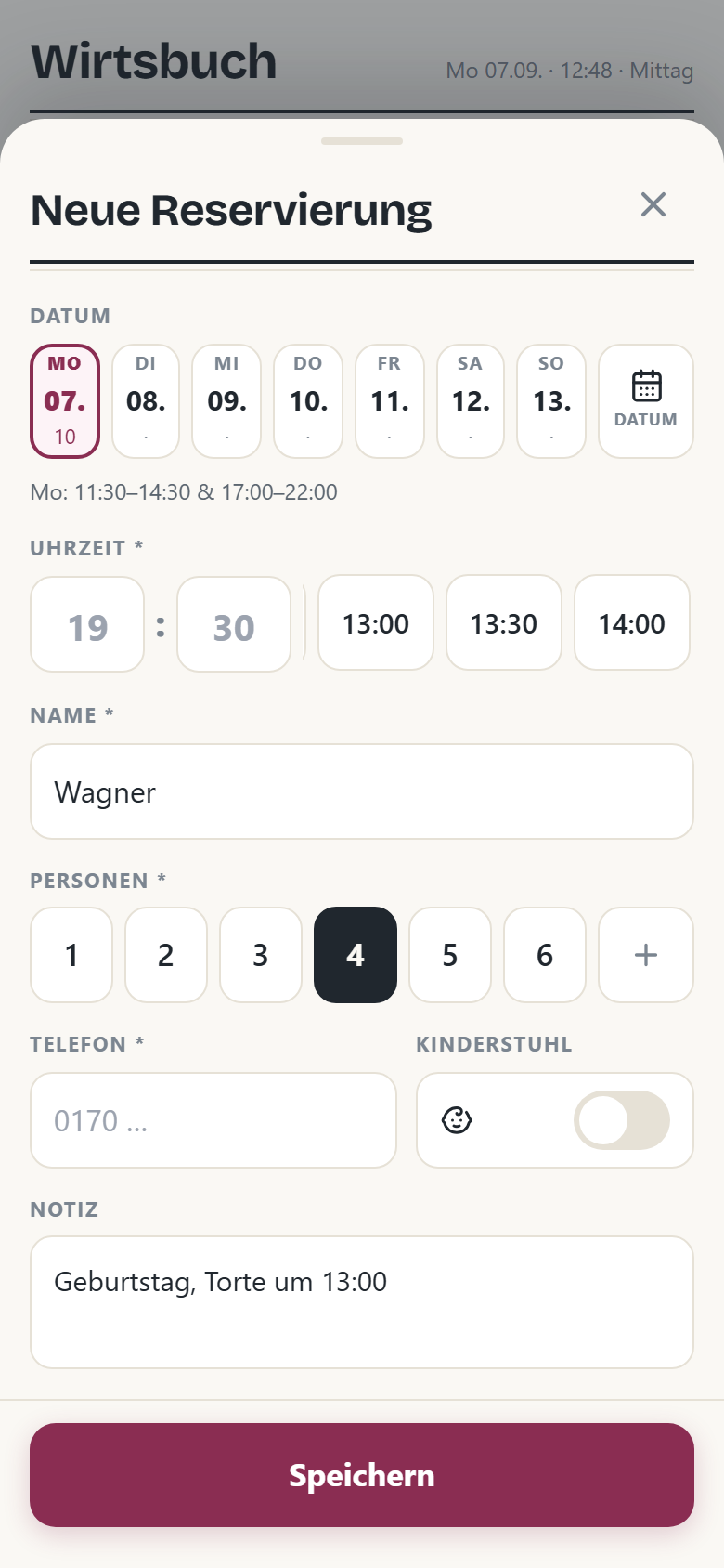 Formular für eine neue Reservierung in Wirtsbuch mit Datum, Uhrzeit, Name, Personenzahl, Telefon, Kinderstuhl und Notiz.